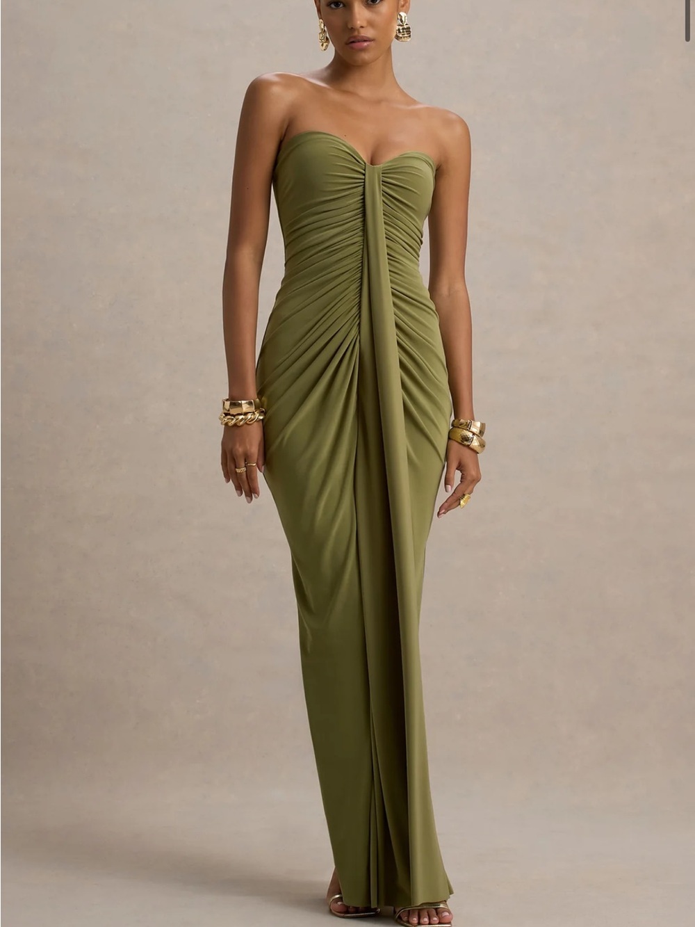 Club London Olive Green Ruched Column Dress